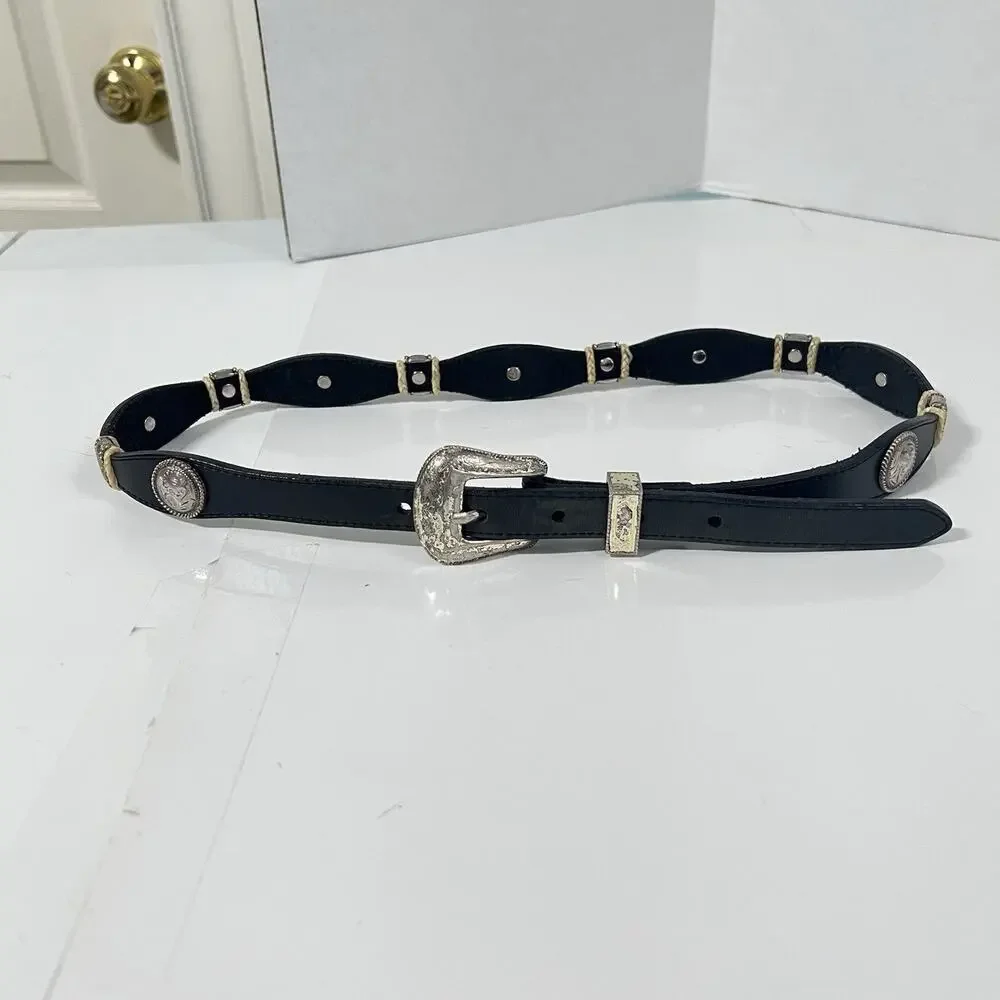 Vintage Tony Lama Silver Concho Western Belt Women Size 30 Black Leather
